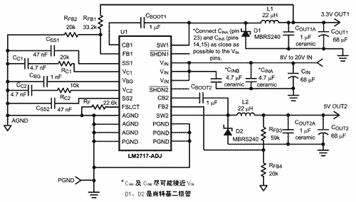 雙降壓式DC/DC轉(zhuǎn)換器LM2717-ADJ的設(shè)計(jì)