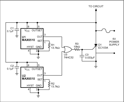 Figure 1. This thermal-protection circuit includes a crowbar device (D1) driven by thermal switches U1 and U2.傳感器