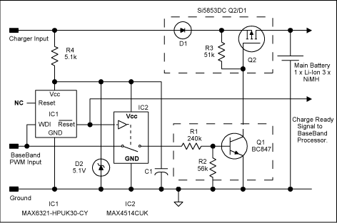 圖2、在圖1電路中添加IC1、IC2，在處理器停止工作時提供電池保護。