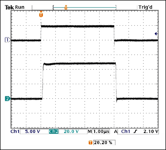 圖3. 圖1測試結果，(1) 控制信號，(2) 在0.25Ω電阻兩端測試的5µs脈沖，電源電壓為50V。