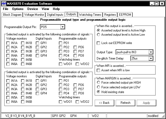 圖4. 點(diǎn)擊Outputs標(biāo)簽，可以把每個(gè)輸出配置為開(kāi)漏結(jié)構(gòu)、推挽結(jié)構(gòu)或者增強(qiáng)型電荷泵結(jié)構(gòu)。每個(gè)輸出連接到內(nèi)部的可編程邏輯陣列，可用來(lái)控制其它輸出。