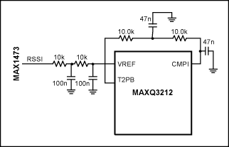 圖9. 使用MAXQ3212上的比較器測量模擬信號強度。