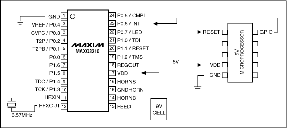  圖1. 使用MAXQ3210為5V微處理器供電的原理圖