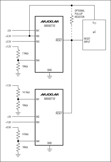 圖1. 利用兩片漏極開路輸出的多電壓監控器監控8路電壓，提供單個復位輸出。