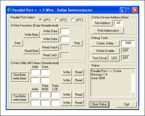 Figure 2. Parallel-Port, 2-Wire software running on Windows XP.