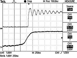 Figure 3. A comparison of the rising edges on a MAX3486 (top, not slew-rate limited) and a MAX3483 (bottom, slew-rate limited) using a 120-ohm impedance cable, improperly terminated with 220 ohms.