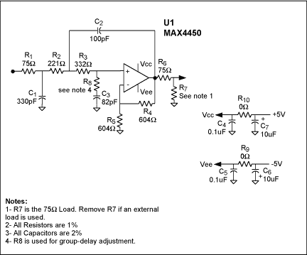 Figure 1. A 5MHz, 3-Pole, Butterworth active filter—using a Sallen-Key realization—with adjustable group delay.