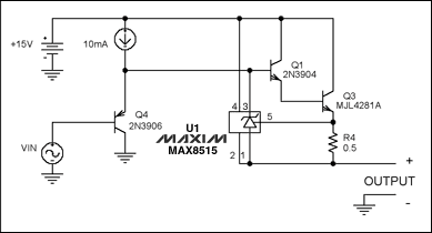 Figure 2. Substituting a shunt regulator (U1) for Q2 in the Figure 1 circuit improves the current-limit accuracy.