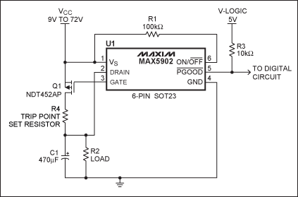 Figure 2. Adding a trip-point-adjust resistor (R4) to the circuit of Figure 1 improves its initial accuracy and accuracy over temperature.