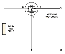 Figure 5. This high-side PMOS FET switch offers simple reverse-current protection in exchange for higher on-resistance and cost.