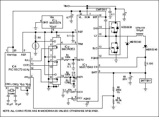 Figure 2. Substituting a switch-mode controller for the linear-regulator controller in Figure 1 produces a relatively efficient circuit whose lower operating temperature lets it operate as part of a portable system.