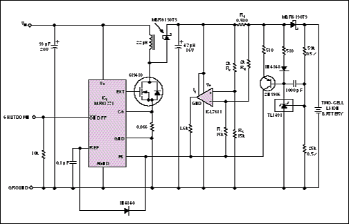 Figure 3. This step-up battery charger regulates at 0.4A in current mode and 8.4V in voltage mode. A DC path from input to output becomes a problem if VIN exceeds the battery voltage.