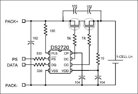 圖7. DS2720鋰電池保護(hù)IC的典型應(yīng)用電路