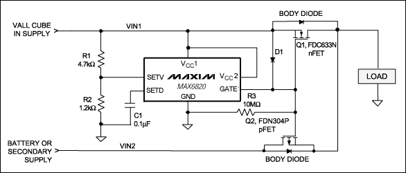 Figure 1. This power-supply sequencer senses a loss of the main supply voltage and, by controlling the two FETs, automatically switches the load to the secondary (backup) supply.