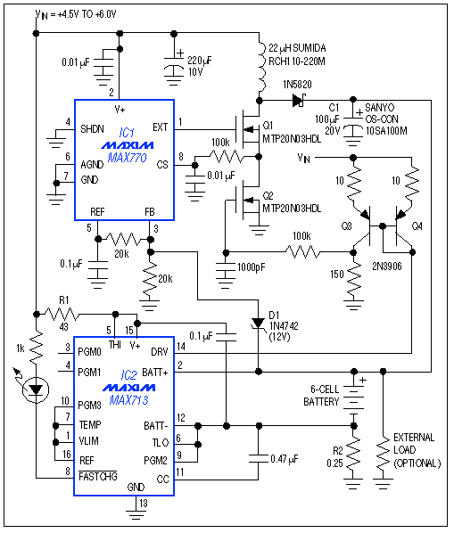 Figure 1. A step-up switching regulator (IC1) and fast-charge controller (IC2) charge multi-cell batteries with speed and efficiency.