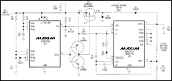 Figure 1. This two-IC circuit provides efficient charging at a two-ampere rate for series connections of NiCd or NiMH cells.