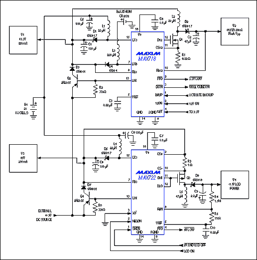 Figure 13. These two ICs perform a multitude of power-related tasks in a system powered by two AA cells. They generate four supply voltages, supervise the system power, control a lithium backup battery, and provide a switchover between battery and wall-adapter outputs.