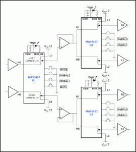 圖1. 利用三片MAX5456/MAX5457 IC構成的音量調節(jié)、均衡電路