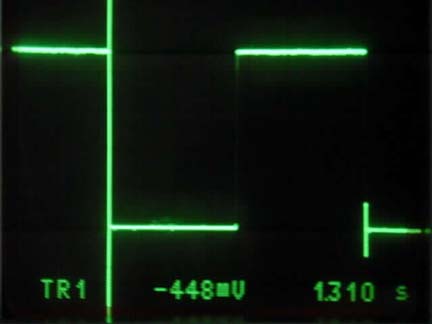 Figure 2. Comparator output; horizontal scale = 200mS/div, vertical scale = 1V/div, supply voltage = 4.5V, amplitude = 4.48Vp-p, period = 1.310 seconds.