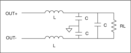 Figure 6. This 2-pole, differential-mode filter serves the example in the text. Inductor values are 4.7μH, capacitor values are 0.047μF, and the speaker impedance (RL) is 8ohm.