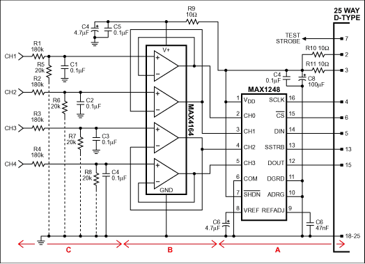 Figure 1. This circuit and the associated Q-BASIC listing enable a PC to monitor and measure the voltages on four input channels.