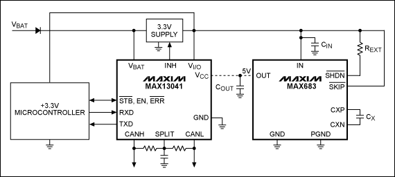 Figure 2. A circuit for supplying the MAX13041 CAN transceiver with the MAX683 charge pump.