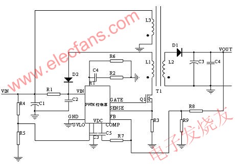 PWM controller + MOSFET實(shí)現(xiàn)FLYBACK 示意圖 www.xsypw.cn