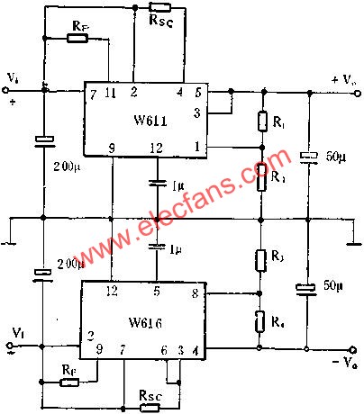 W611、w616組成正、負穩壓電路圖  www.xsypw.cn