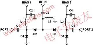 典型單刀雙擲(SPDT) RF開關(guān)電路 www.xsypw.cn