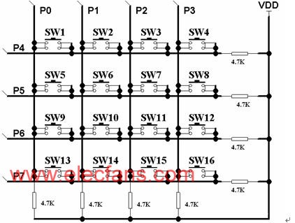 4×4鍵盤模塊電路圖 來源于:www.xsypw.cn