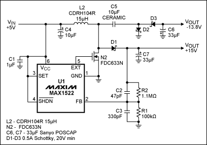 Figure 1. This single-inductor, 200mA power supply derives +15V/-14V from +5V. www.xsypw.cn