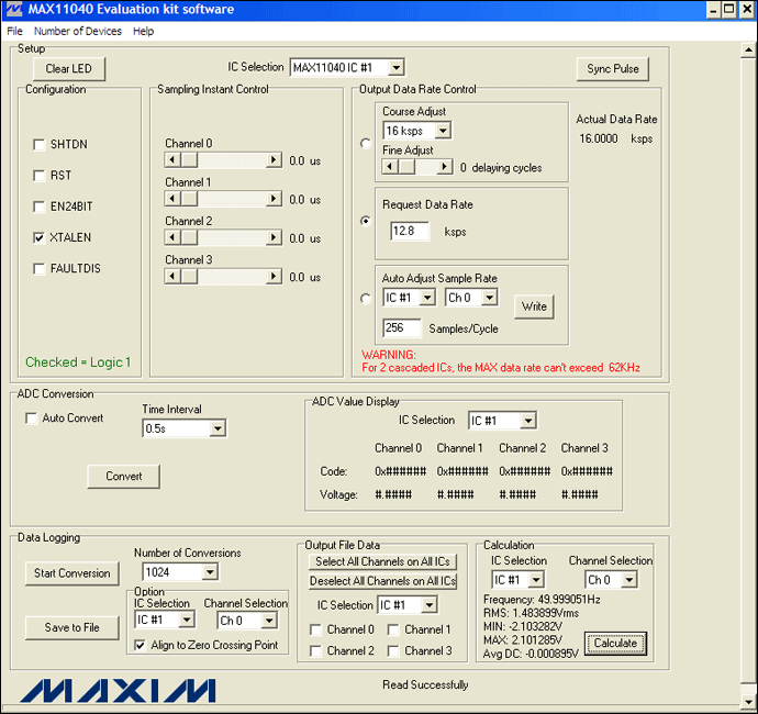 圖4. MAX11040EVKIT GUI允許用戶方便地設置各種測量條件：12.8ksps、256采樣點/周期和1024次轉(zhuǎn)換。此外，GUI的計算部分提供了一個進行快速工程運算的便捷工具。