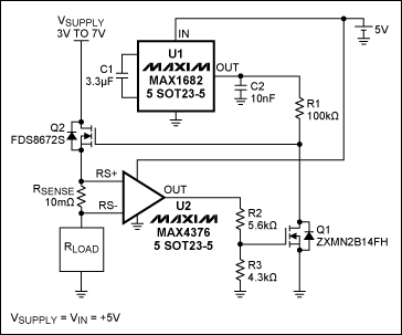 Figure 1. This circuit limits the RLOAD current to a value determined mainly by R1.