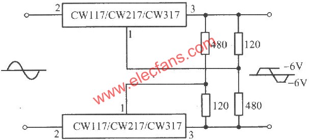 CW117/CW217/CW317構(gòu)成的交流峰值削波電路圖  www.xsypw.cn