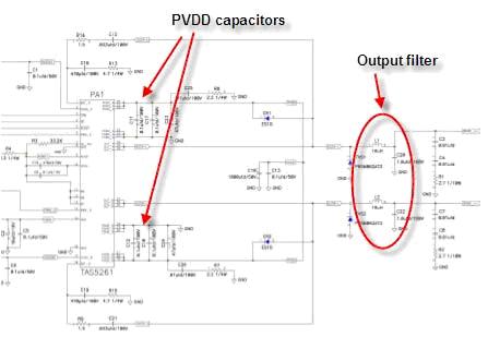 TAS5261 參考設(shè)計(jì)的 PVDD 電容及輸出 LC 濾波器等組件