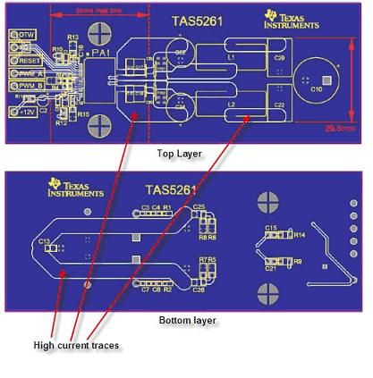 TAS5261 參考設(shè)計(jì) PCB 的高電流信號(hào)線范例