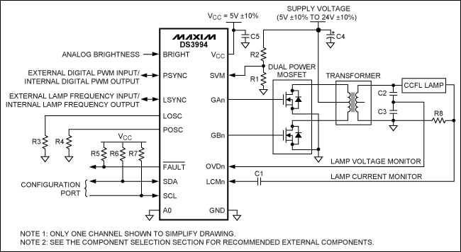 圖1. 每個(gè)通道驅(qū)動(dòng)一個(gè)燈管的典型工作電路