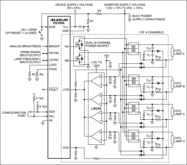 圖2. 每個(gè)通道驅(qū)動(dòng)多個(gè)燈管的典型工作電路