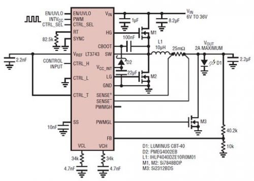 具電流受限并聯(lián)輸出的 6V 至 36V 輸入、2A LED 驅(qū)動器