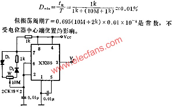 時(shí)基集成電路組成可變點(diǎn)穴比的脈沖發(fā)生器電路圖 www.xsypw.cn