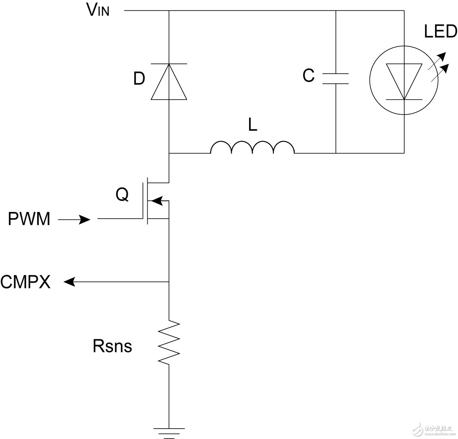 圖5：配置為驅動LED或LED串的降壓拓撲