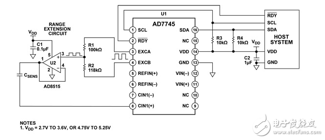 延長AD7745電容輸入范圍/ AD7746電容數字轉換器