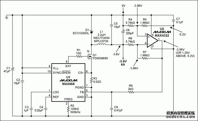 Figure 1. This switch-mode converter generates a regulated negative supply voltage from a higher (more negative) input voltage.