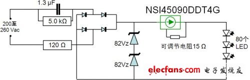 NSI45090DDT4G CCR在驅動LED T8燈管應用中的電路圖