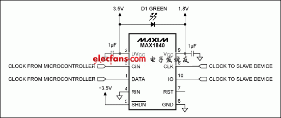 Figure 1. For low-power loads, a single green LED (D1) replaces a 1.8V LDO regulator in this level-translator circuit.