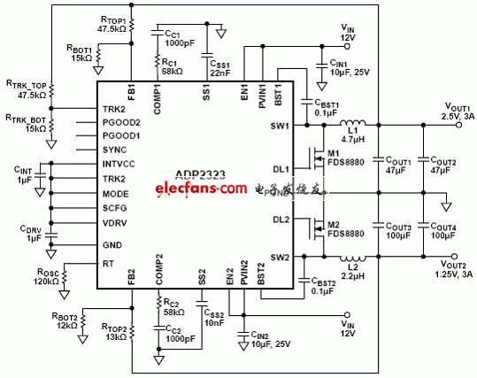 ADP2323通路2跟蹤通路1應用電路圖