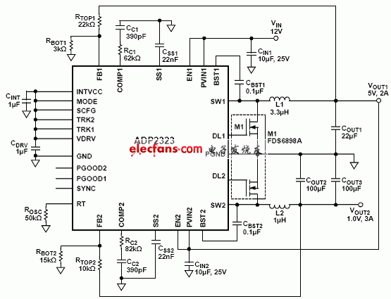 ADP2323級聯應用電路圖