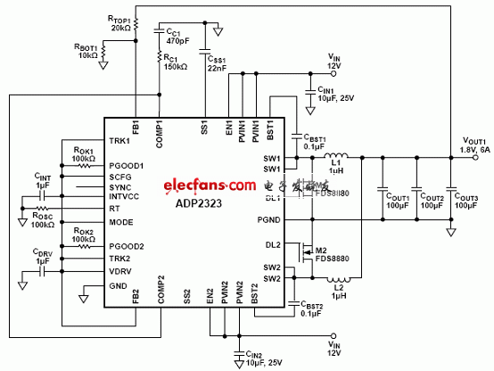 ADP2323并聯單輸出應用電路圖