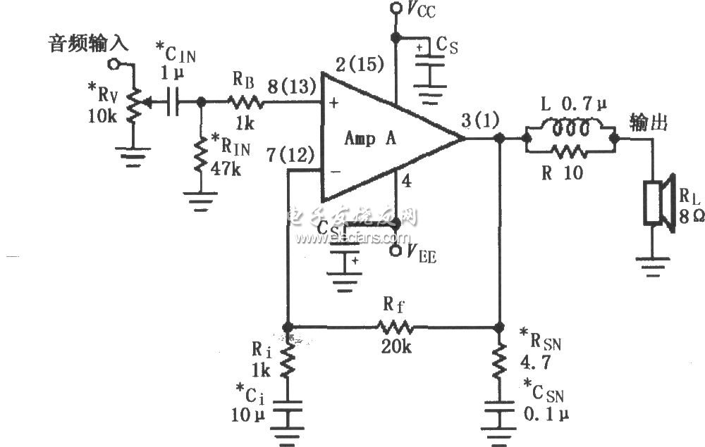 基于LMl876的輔助音頻功率放大電路原理圖