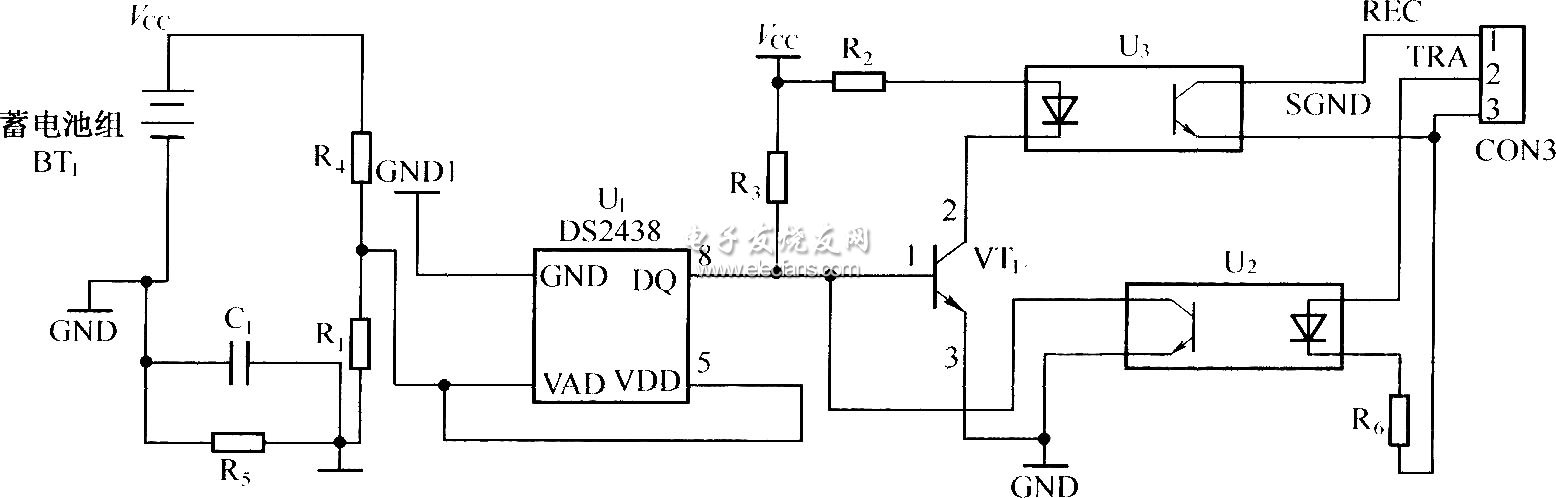 DS2438構(gòu)成動力電池組測量電路圖